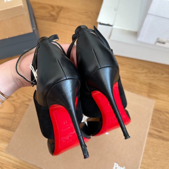 Christian Louboutin Trotter Banded Strappy Pumps Black Leather Suede Ankle Wrap - Picture 9 of 15